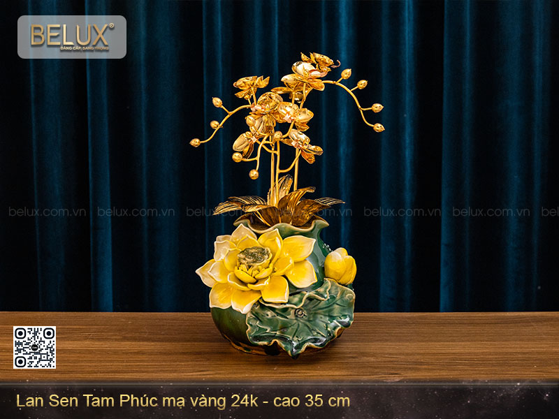Chậu Lan Sen Tam Phúc mạ vàng 24k cao 35cm&nbsp;